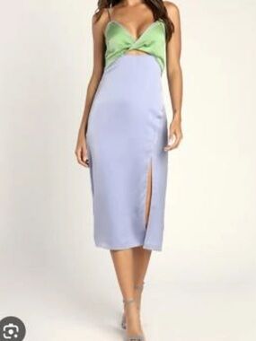 Lulu's Green & Periwinkle Satin Colorblock Midi Dress